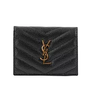 YSL 山形紋魚子醬皮金字二折卡片小短夾 (黑色)