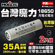 【台灣Molicel】18650高倍率動力型鋰電池2800mAh(平頭)2入
