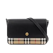 BURBERRY Penny 格紋帆布拼小牛皮翻蓋斜背包 (經典米色/黑色)