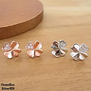 可愛玫瑰金.白金色鑲鑽四葉幸運草925純銀耳環 (外鍍正白K.鍍玫瑰金貼耳耳環) 玫瑰金色