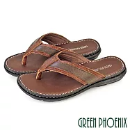 【GREEN PHOENIX】男 拖鞋 夾腳 人字 真皮 平底 輕量 吸震減壓 台灣製 US11 咖啡色