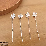 拉式。玫瑰金.白金色鑲鑽四葉幸運草925純銀耳環.貼耳耳環 白金色