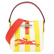 LONGCHAMP ROSEAU ESSENTIAL系列帆布LOGO字母條紋兩用水桶包(小) 黃x白