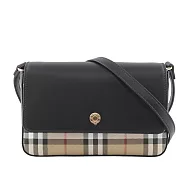 BURBERRY Penny 格紋帆布拼小牛皮翻蓋斜背包 (經典米色/黑色)