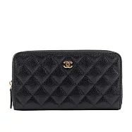 CHANEL 金色CC LOGO粒紋小牛皮拉鍊ㄇ型長夾 (黑色)