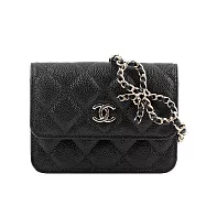 CHANEL 經典CC Logo 粒紋牛皮蝴蝶結鏈帶迷你腰包 (黑色)