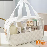 【iSFun】高雅格紋*PVC半透視手提防水化妝包/中號白色