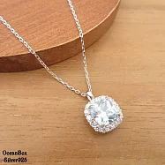 華麗璀璨鑲鑽方型淡海藍鋯石925純銀項鍊 (外鍍專櫃級正白K.女用短鍊)