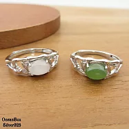 竹節葉鑲鑽白玉.青玉天然和闐玉925純銀戒指 (外鍍專櫃級正白K.可調整戒圍) 青玉