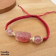 天然草莓晶貔貅鍍14K金酒紅色紅繩手鍊.可調合適手圍