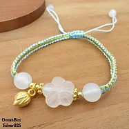 優雅漂亮天然白瑪瑙梅花鍍14K金蒂芬尼綠繩手鍊.可調合適手圍