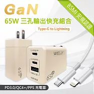 WELLY 65W氮化鎵GaN 極速充電器 三孔輸出+20W閃充線 iPhone PD傳輸充電線組合(100cm) 奶茶旅充頭+1米PD線