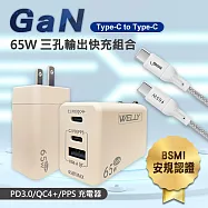 WELLY 65W氮化鎵GaN 極速充電器三孔輸出+接口加固 Type-C to Type-C 傳輸充電線組(100cm) 奶茶旅充頭+1米CtoC線