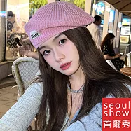 seoul show首爾秀 趙露思類款貼布字母針織畫家帽毛線貝雷帽 粉紫