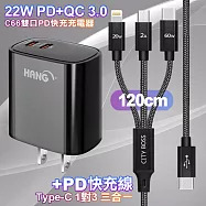 HANG C66黑 22W 雙Type-C輸出充電器 +TypeC 1對3 PD快速閃充線三合一(120cm黑)