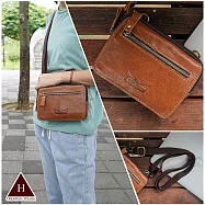 【H-CT】多層皮革拉鍊真皮斜背手機腰包-橫式淺啡(腰間包 側背包 手機包 皮革 機車包 瘋馬牛皮/RR215)