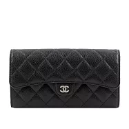 CHANEL 銀色CC Logo荔枝皮二折壓釦長夾 (黑色)