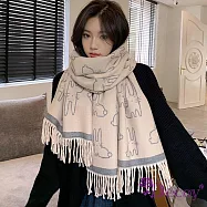 【Decoy】兔子線條*保暖撞色加大流蘇披肩圍巾/ 米