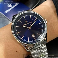 MASERATI瑪莎拉蒂精品錶,編號：R8853146002,46mm圓形銀精鋼錶殼寶藍色錶盤精鋼銀色錶帶