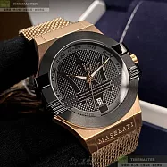 MASERATI瑪莎拉蒂精品錶,編號：R8853108009,42mm六角形玫瑰金精鋼錶殼黑色錶盤米蘭玫瑰金色錶帶