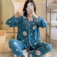 【Wonderland】長袖兩件套滿版印花圖案薄款嫘縈開衫女睡衣褲家居服 L 小熊字母