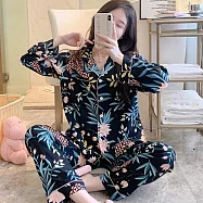 【Wonderland】長袖兩件套滿版印花圖案薄款嫘縈開衫女睡衣褲家居服 L 熱帶水果