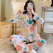 【Wonderland】長袖兩件套滿版印花圖案薄款嫘縈開衫女睡衣褲家居服 XL 似玉如花