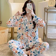 【Wonderland】長袖兩件套滿版印花圖案薄款嫘縈開衫女睡衣褲家居服 XL 橙黃綠葉