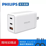 【Philips 飛利浦】限時加碼送 65W GaN氮化鎵TypeC USB PD/QC 3孔快充充電器 送NOKIA經典充電線(DLP6341C)