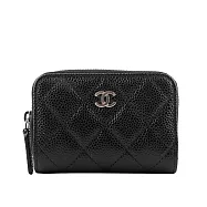 CHANEL 銀色CC Logo 荔枝牛皮ㄇ形拉鍊零錢包 (黑色)