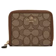COACH 馬車LOGO緹花織布拼接皮革拉鍊短夾-卡其駝