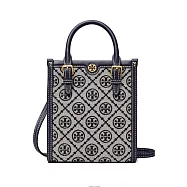 TORY BURCH 緹花拼接皮革滿版LOGO兩用包-深藍