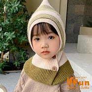 【iSFun】尖帽小巫師*兒童撞色條紋保暖套頭脖圍毛帽/ 米綠