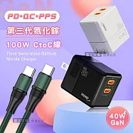 【超值充電組】HANG 40W氮化鎵GaN 雙PD快充頭+100W Type-C to Type-C 傳輸充電線(1.2M) 黑色