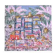 Hermes 愛馬仕 Les Douze Leopards 90 cm手工捲邊斜紋真絲雙面方巾 玫瑰/天空藍/紅