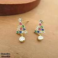 精緻獨特氛圍感彩鋯耶誕樹925純銀金色耳環.鍍金貼耳耳環