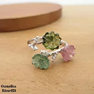 優雅漂亮天然彩虹碧璽梅花枝葉碎鑽925純銀戒指 (外鍍專櫃級正白K.可調整戒圍)