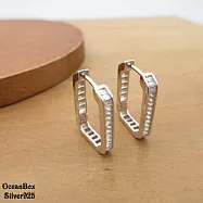 簡約亮眼長方形水晶鋯石圈圈針式易扣925純銀耳環 (外鍍專櫃級正白K.圈圈耳環)