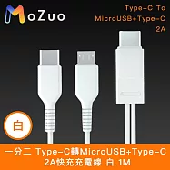 【魔宙】一分二 Type-C轉MicroUSB+Type-C 2A快充充電線 白 1M