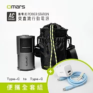 【omars】便攜全套組|AC交直流行動電源+圓筒收納袋+GaN 35W充電器+Type-C炫彩快充線 晴天藍