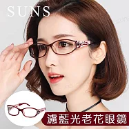 MIT抗紫外線濾藍光老花眼鏡 鑲鑽簍空玫瑰紅 高硬度耐磨鏡片 配戴無暈眩感 75度