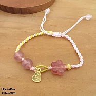 甜美漂亮天然草莓晶梅花吉字葫蘆鍍14K合金包金黃繩粉紅繩手鍊.可調合適手圍