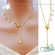 【伊飾童話】磨砂蝴蝶*珍珠不對襯鈦鋼流蘇項鍊