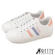 【Pretty】女 休閒鞋 小白鞋 綁帶 平底 皮革 JP23 粉紅色