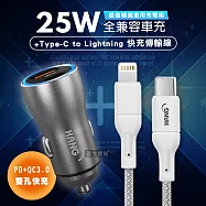 HANG 25W金屬頭 PD+QC雙孔快充車充頭+PD20W Type-C to Lightning 傳輸充電線(100cm) H322+R18