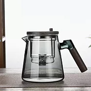 一鍵過濾茶水分離木質玻璃茶壺650ml 高硼硅玻璃內膽茶水過濾 胡桃木手柄一體設計沖茶器 透明黑
