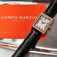 CAMPO MARZIO凱博馬爾茲精品錶,編號：CMW00010,20mm, 26mm方形玫瑰金精鋼錶殼白色錶盤真皮皮革深黑色錶帶