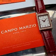 CAMPO MARZIO凱博馬爾茲精品錶,編號：CMW0012,20mm, 26mm方形玫瑰金精鋼錶殼白色錶盤真皮皮革紅色錶帶