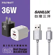POLYBATT 36W氮化鎵充電器+台灣三洋 編織快充線/蘋果認證/傳輸線(1M) 質感白