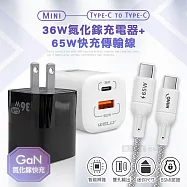 【超速組合】WELLY 36W氮化鎵GaN PPS雙孔迷你充電器+65W Type-C to Type-C 傳輸充電線(2M) 黑色+線